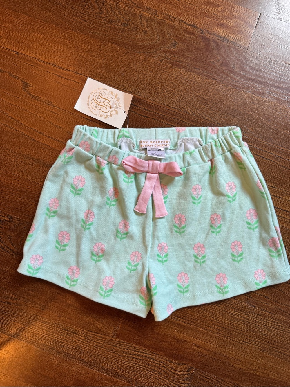 The Beaufort Bonnet Company Mint Shorts with Pink Floral Print & Bow